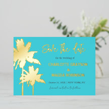 Aqua Gold Palm Trees Bruiloft Save The Date