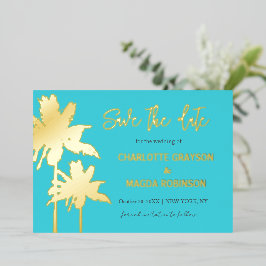Aqua Gold Palm Trees Bruiloft Save The Date Folie Uitnodiging