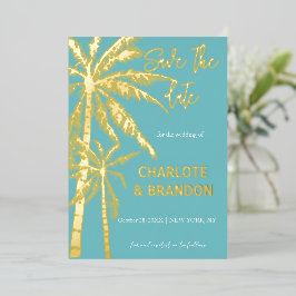 Aqua Gold Palm Trees Strand Bruiloft Save The Date Folie Uitnodiging