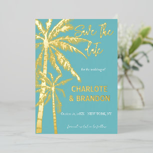 Aqua Gold Palm Trees Strand Bruiloft Save The Date Folie Uitnodiging