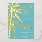 Aqua Gold Palm Trees Strand Bruiloft Save The Date Folie Uitnodiging (Voorkant)