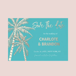Aqua Gold Palm Trees Strand Bruiloft Save The Date Folie Uitnodiging