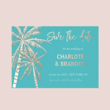 Aqua Gold Palmbomen Strand Bruiloft Save The Date