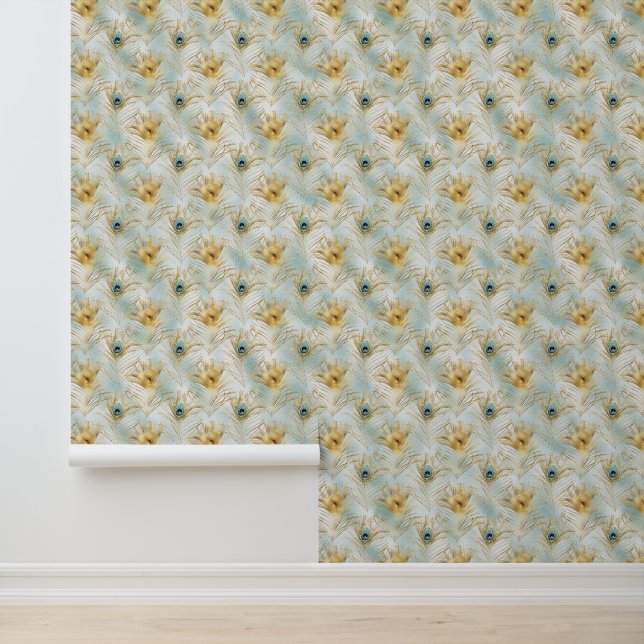 Aqua Gold Peacock Feather Behang (Applicatie)