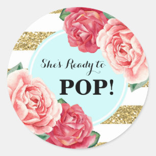 Aqua Gold Pink Floral Baby shower Klaar voor Pop Ronde Sticker