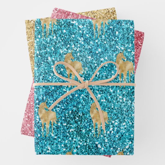 Aqua Gold Pink Glitter Glam Unicorn Sparkle Inpakpapier Vel (In situ)