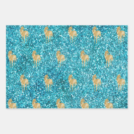 Aqua Gold Pink Glitter Glam Unicorn Sparkle Inpakpapier Vel