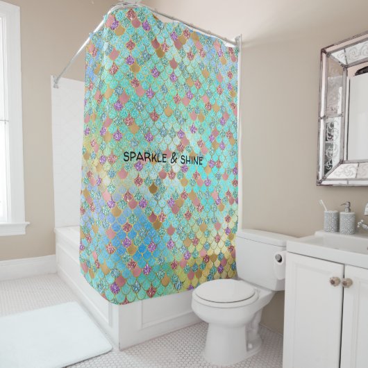 Aqua Gold Pink Glitzy Zeemeermin Glitter Douchegordijn (In situ)