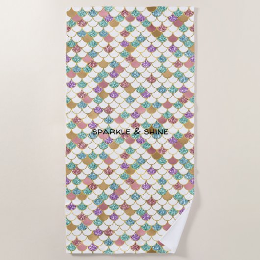 Aqua Gold Pink Glitzy Zeemeermin Glitter Strandlaken (Voorkant)