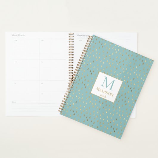 Aqua Gold Raindrop Modern Trendy Monogram Planner (Display)