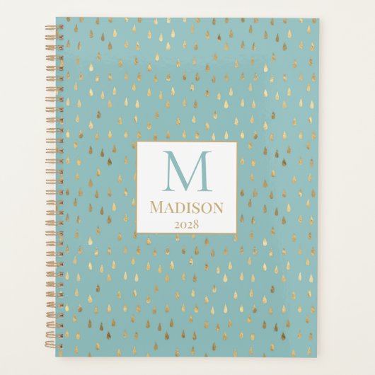 Aqua Gold Raindrop Modern Trendy Monogram Planner (Voorkant)