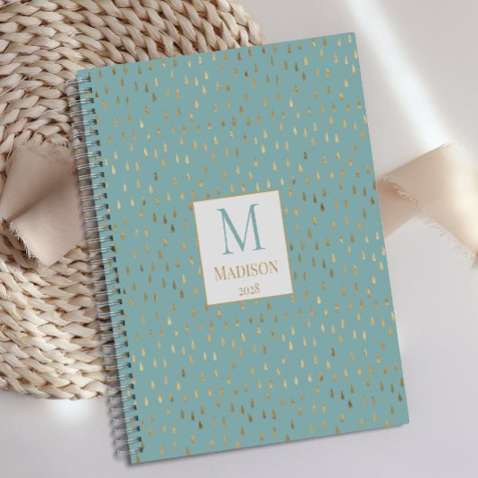 Aqua Gold Raindrop Modern Trendy Monogram Planner