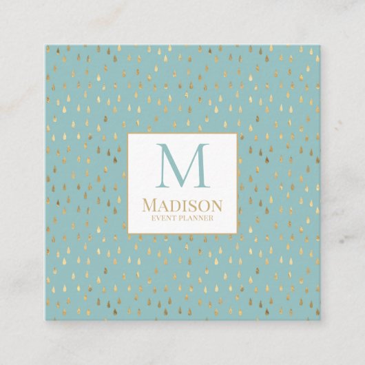 Aqua Gold Raindrop Modern Trendy Monogram Vierkante Visitekaartje (Voorkant)