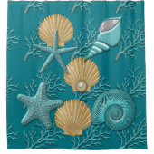 Aqua & Gold Seahells Coral Reef Douchegordijn (Voorkant)