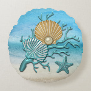 Aqua & Gold Seashells Beach Rond Kussen