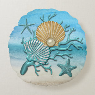 Aqua & Gold Seashells Beach Rond Kussen