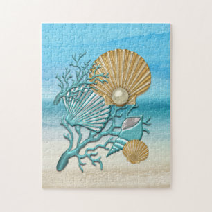 Aqua & Gold Seashells Legpuzzel