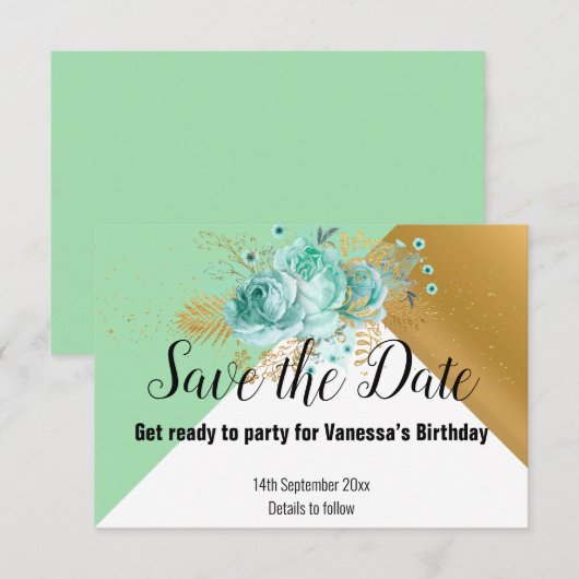 AQUA GOLD SILVER GRAY BEWAART DE DATUM RSVP KAARTJE (Voorkant / Achterkant)