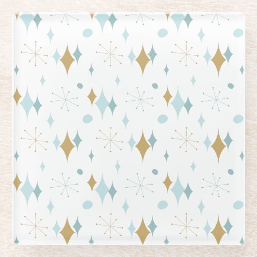 Aqua, Gold Starburst Mid Century Pattern Glazen Onderzetter (Voorkant)