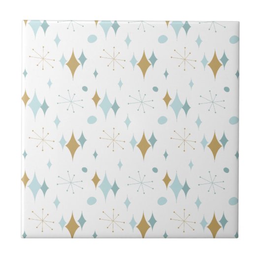 Aqua, Gold Starburst Mid Century Pattern Tegeltje (Voorkant)