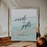 Aqua & Gold Waterverf Beach Kaarten en Gifts Sign Poster<br><div class="desc">Deze strandkaarten en cadeaubord voor waterverf in water en goud zijn perfect voor een tropische bruiloft of vrijgezellenfeest. Het eenvoudige en moderne ontwerp biedt een verbluffende turquoise, een blauwgroen en lichtblauwe waterverf met een zachte gouden glans die doet denken aan het zand en het zee. Het is gekoppeld aan prachtige...</div>