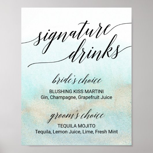 Aqua & Gold Waterverf Beach Signature Drink Sign Poster (Voorkant)