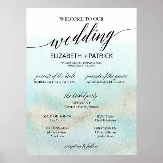 Aqua & Gold Waterverf Beach Small Weddenprogramma Poster (Voorkant)