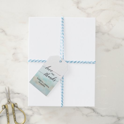 Aqua & Gold Waterverf Beach Wedding Love & Bedankt Cadeaulabel (Met Touw)