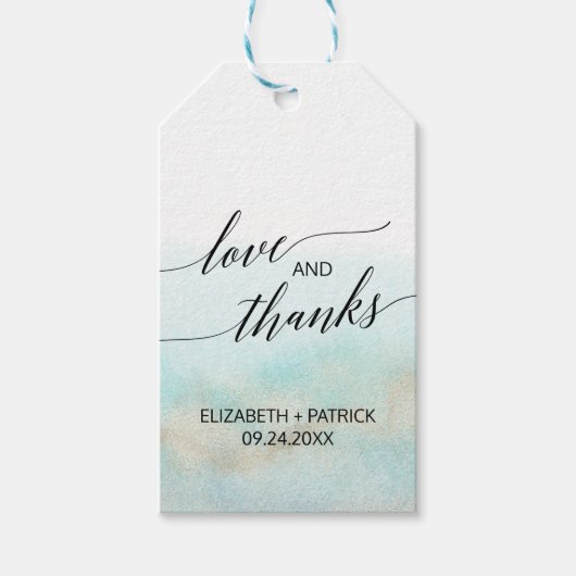 Aqua & Gold Waterverf Beach Wedding Love & Bedankt Cadeaulabel (Voorkant)
