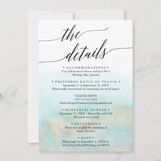 Aqua Gold Waterverf Details op het strand bruiloft Kaart (Achterkant)