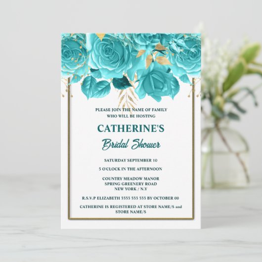 Aqua Gold white rose waterverf vrijgezellenfeest Kaart (Staand voorkant)