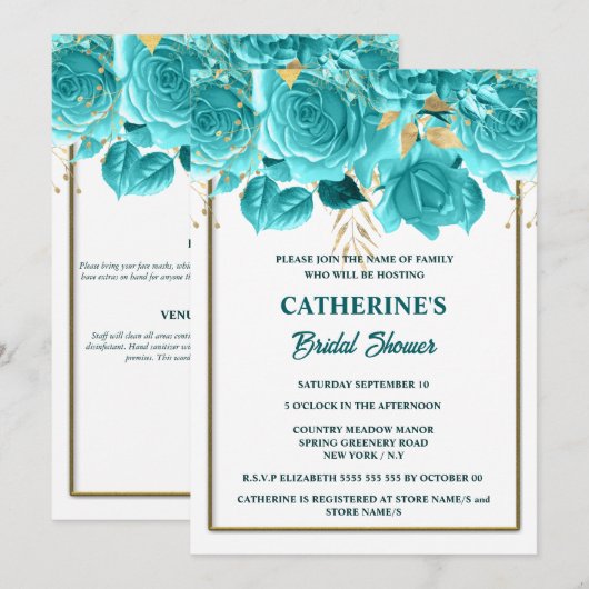 Aqua Gold white rose waterverf vrijgezellenfeest Kaart (Voorkant / Achterkant)