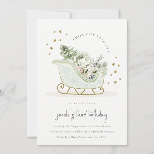 Aqua Gold Winter Sleigh any Age Birthday Invite Bedankkaart (Voorkant)