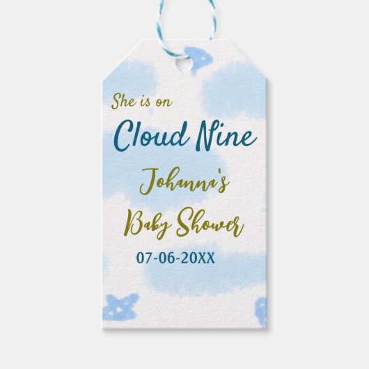 Aqua gold ze staat op negen baby shower wolken cadeaulabel (Voorkant)