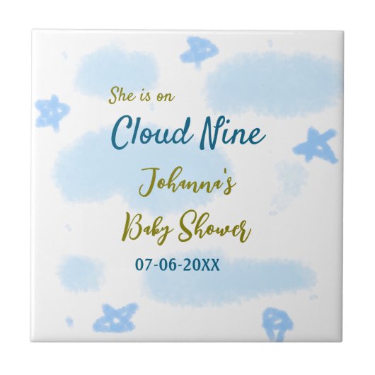 Aqua gold ze staat op negen baby shower wolken tegeltje (Voorkant)