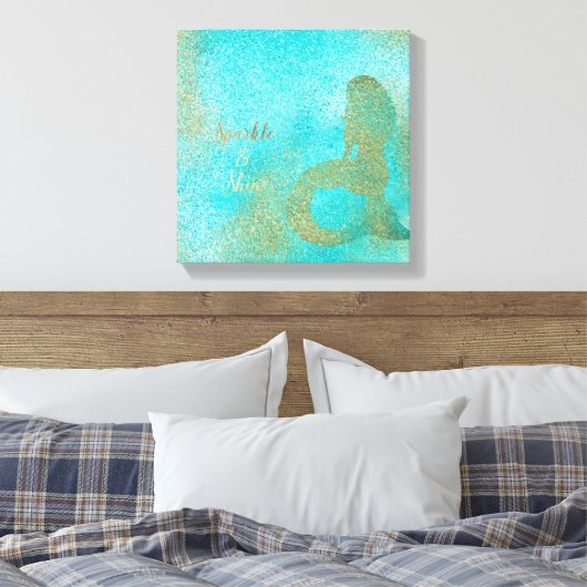 Aqua Gold Zeemeermin Sparkle Canvas Afdruk (Insitu (Slaapkamer))