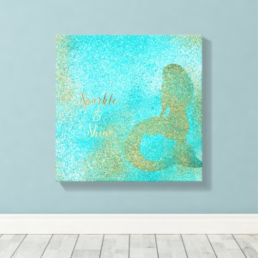 Aqua Gold Zeemeermin Sparkle Canvas Afdruk (Insitu (Houten vloer))