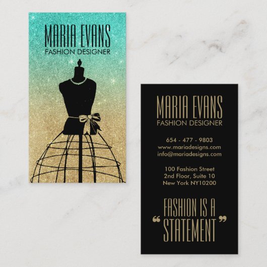 Aqua gold zwart mannequin glitter mode visitekaartje (Voorkant / Achterkant)