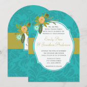 Aqua Golden Limoen Chartreuse Damask Wedding Invit Kaart (Voorkant / Achterkant)