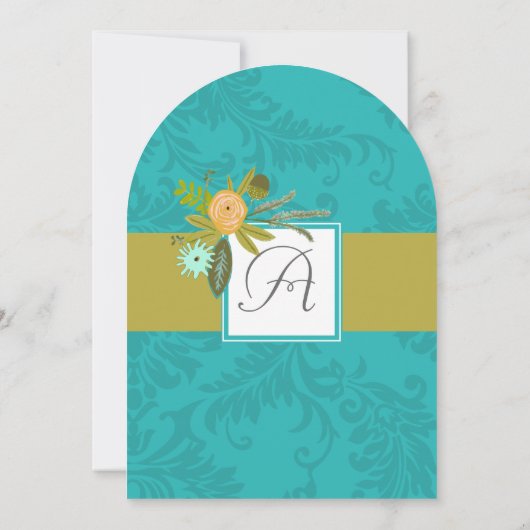 Aqua Golden Limoen Chartreuse Damask Wedding Invit Kaart (Achterkant)