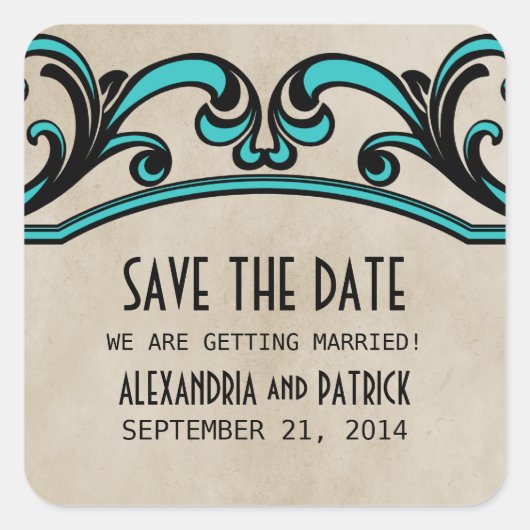 Aqua Gothic Swirls Save the Date Stickers (Voorkant)