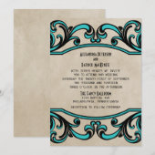 Aqua Gothic Swirls Wedding Invite Kaart (Voorkant / Achterkant)