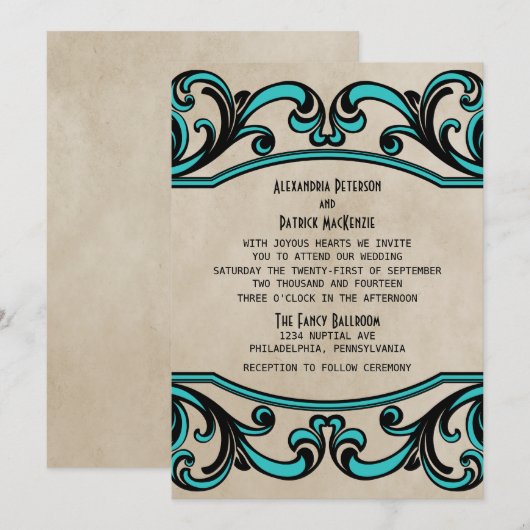 Aqua Gothic Swirls Wedding Invite Kaart (Voorkant / Achterkant)