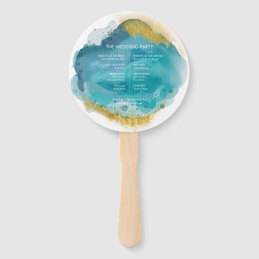 Aqua & Goud Aquarel Huwelijksceremonie programma Handwaaier (Achterkant)