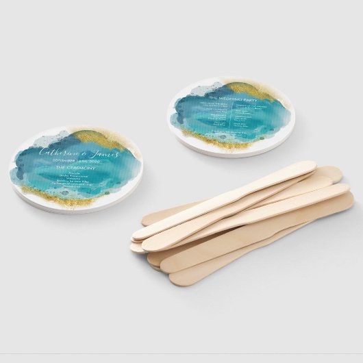Aqua & Goud Aquarel Huwelijksceremonie programma Handwaaier (Niet-gemonteerd)
