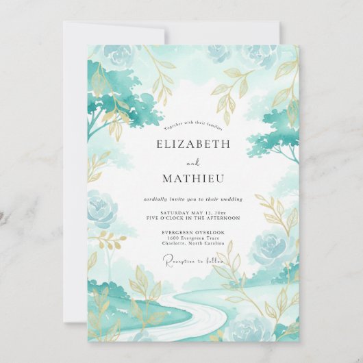 Aqua Goud Blad Bruiloft Kaart (Voorkant)
