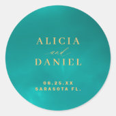 Aqua goud blauw zomer oceaan bestemming bruiloft ronde sticker (Voorkant)