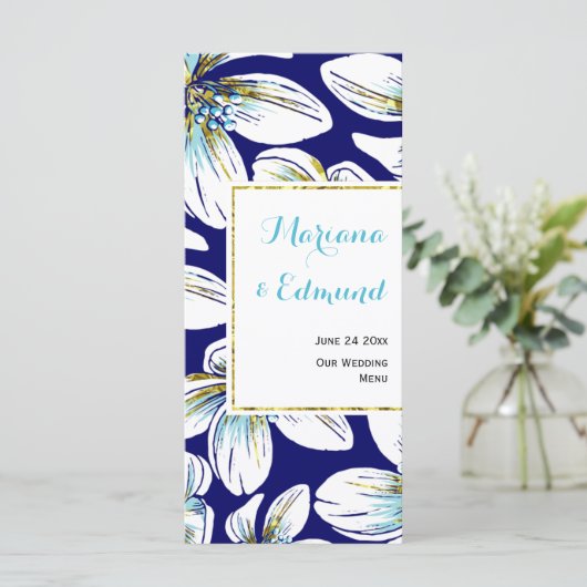 Aqua, goud folie bloemnavyblauwe trouwmenu kaart (Staand voorkant)