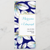 Aqua, goud folie bloemnavyblauwe trouwmenu kaart (Voorkant)