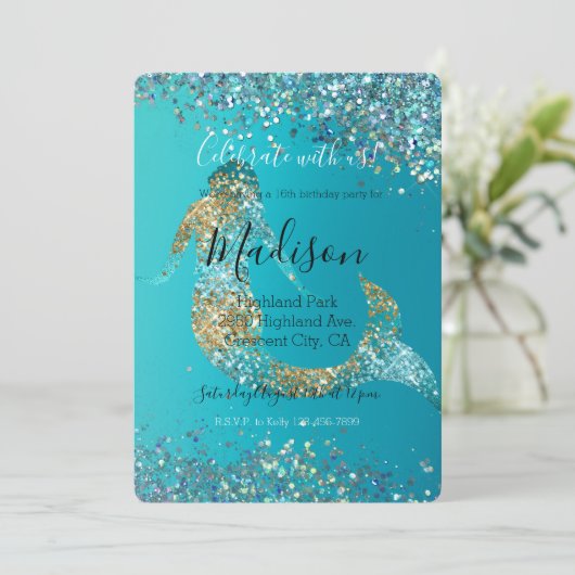 Aqua Goud Glitter Schitter Zeemeermin Kaart (Staand voorkant)